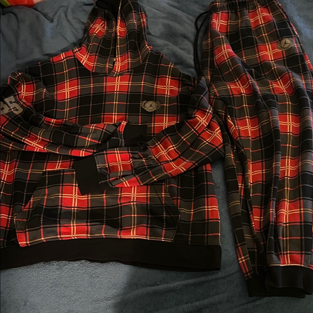 Authentic jordan Red and Black Plaid Hoodie and Joggers Set XXL